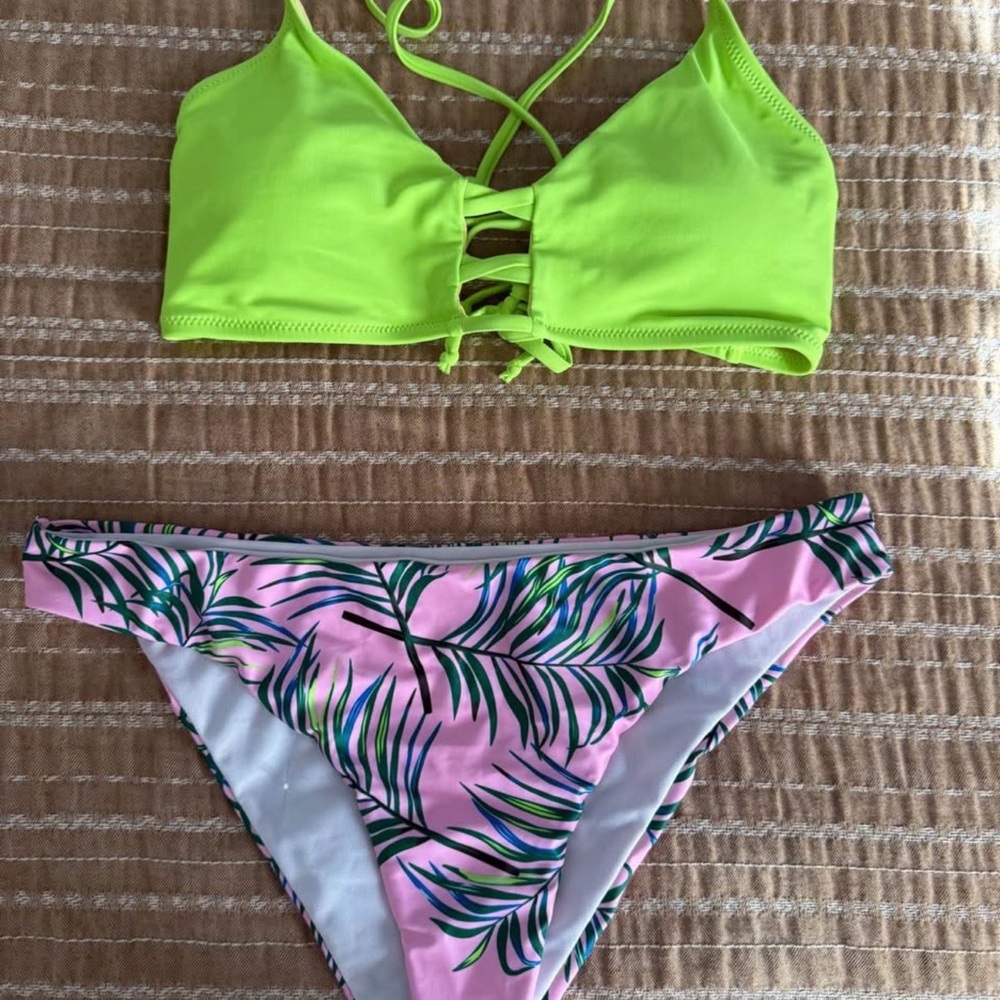 Neon Green and Pink Leaf Bikini Set